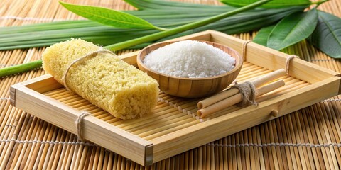 Wall Mural - Bamboo tray with sliced roll cake and sugar.