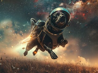 Labrador Retriever Wearing Spacesuit Helmet and Jetpack, Playfully Leaping in Starry Night Sky Field