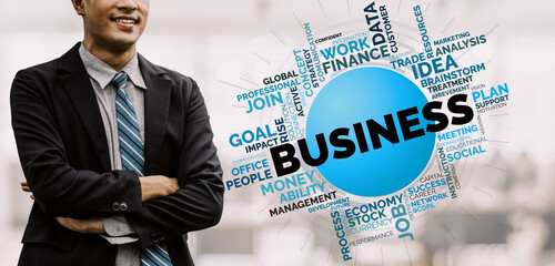 Wall Mural - Business Commerce Finance and Marketing Concept. Words cloud of keywords related to financial analysis, people management, target goal, business planning and stock market data. uds