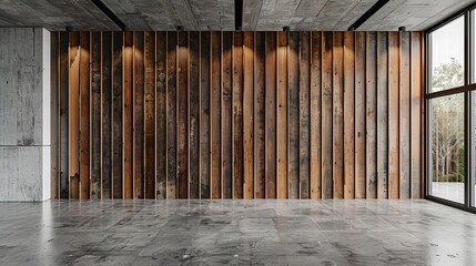 Wall Mural - Empty room interior background, concrete wall and wooden paneling. 