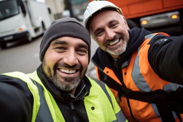 Wall Mural - Two smiling garbage men taking a selfie