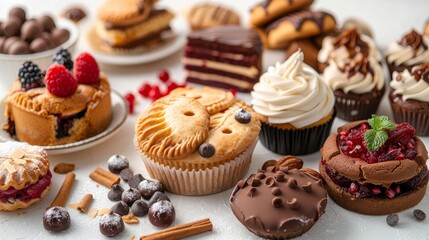 Fresh and delicious bakery desserts and sweets, closeup, isolated on white background. apple pie, chocolate chip cookies, cream puff, red velvet cake, cupcake. Bakery food set and collection, closeup.