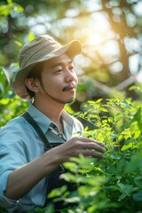 Wall Mural - 13. Portrait of an Asian agricultural technician inspecting organic herbs, high quality photo, photorealistic, focused expression, bright environment