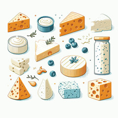 Wall Mural - Attractive vector illustration of a collection of different pieces of cheese on a white background