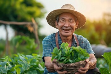 Wall Mural - 47. Portrait of an Asian farmer demonstrating organic farming practices, high detail, photorealistic, cheerful mood, bright environment