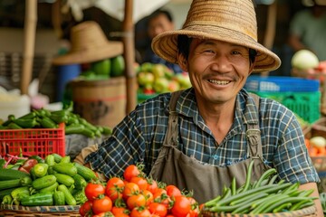 Wall Mural - 50. Portrait of an Asian farmer with organic produce in a market setting, high quality photo, photorealistic, cheerful mood, bright environment