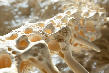 Detailed close-up of bone structure showing osteoporosis effects scientific visualization of skeletal system medical research anatomical illustration health biology education study

