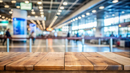 Wall Mural - Empty wooden table and Abstract blur airport interior for background