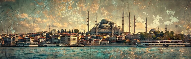 Istanbul the capital of Turkey, eastern tourist city. Paper texture. AI generated illustration