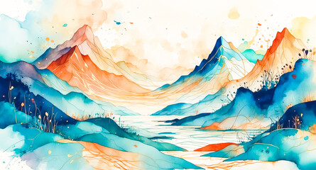 Poster - Abstract Watercolor Landscape with Mountains and River