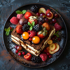 Wall Mural - A fruittopped cake on a black plate, perfect for dessert