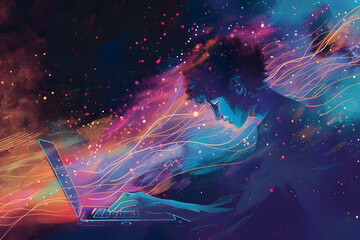 illustration of a person typing on a laptop with lines of code appearing in the air, focused develop