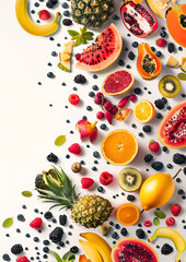 Wall Mural - Many fresh tropical fruits falling on light background