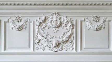 Poster - White decorative wall molding with intricate details. Interior architecture photography.