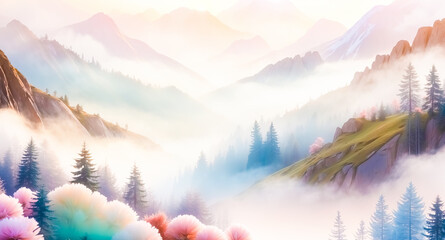 Wall Mural - Misty Mountain Landscape with Colorful Flowers