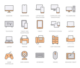 Wall Mural - Devices line icons set. Computer, laptop, mobile phone, fax, scanner, smartphone minimal vector illustrations. Simple flat outline sign for web, technology app. Orange color. Editable Strokes