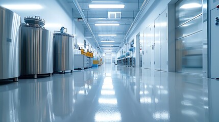 Leinwandbilder - Modern pharmaceutical factory interior, chemical drums. Generative AI.