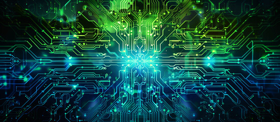 Wall Mural - Abstract technology background with layered green and blue circuit patterns forming a complex design. 32k, full ultra HD, high resolution.