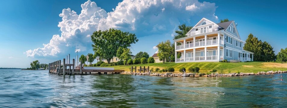 lake house with white vinyl siding and porch home on a grassy hill above the lake with a dock in front of it and a boat parked at the pier Generative AI