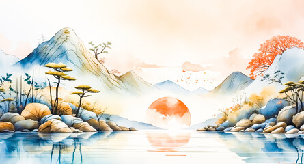 Sticker - Tranquil Watercolor Landscape with Mountains, Trees, and a Lake