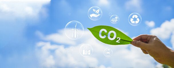 Reduce carbon dioxide emissions to limit climate change and global warming. CO 2 message in a bubble with low CO 2 forest molecules.