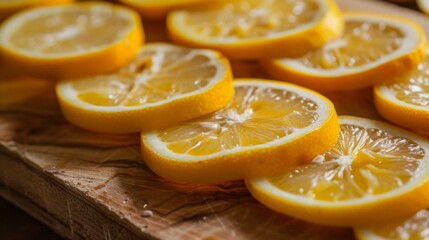 Fresh lemon slices neatly arranged on a wooden cutting board