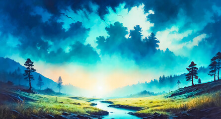 Wall Mural - Serene River Winding Through a Misty Forest