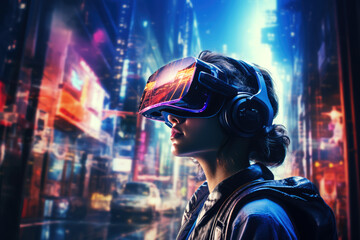Wall Mural - generated illustration of Young woman with a MR headset and experiencing virtual reality