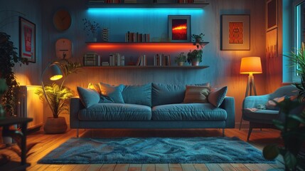 Wall Mural - Interior of living room with cozy grey sofa, armchair and glowing lamps 