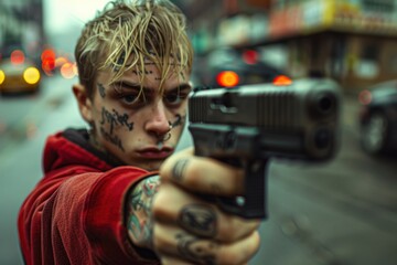 Wall Mural - Young gang member holding agun