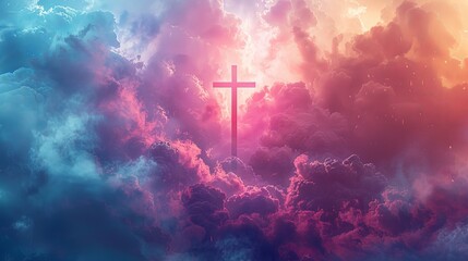 Jesus cross symbol on colorful clouds background. Generative AI colorful clouds background with Christian cross in the middle. Christian religion Cross on spiritual background