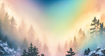 Poster - Misty Forest with Rainbow Sky