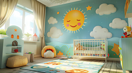 Canvas Print - A bright and cheerful nursery with a sun and clouds mural on the wall