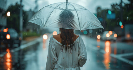 Wall Mural - Woman wearing white pajamas holding an umbrella in the street and cloudy weather. after rain. Generative AI.