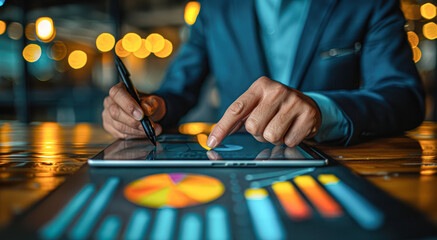 Poster - A marketing professional working on a campaign strategy with a digital tablet in a modern office space