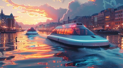Sleek boat traveling on a city canal at sunset.