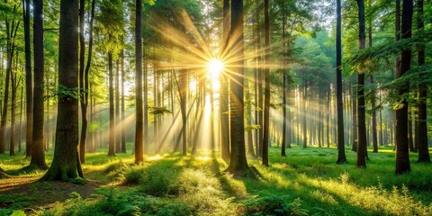 Wall Mural - A blurred background of a forest setting with sunlight shining through the trees, nature, trees, landscape, sunlight, blurred