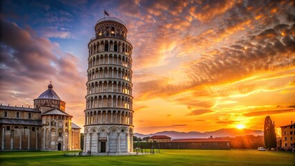 Wall Mural - Leaning Tower of Pisa in Italy at sunset, sunset, iconic, tourist attraction, architecture, Italy, landmark