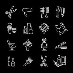 Wall Mural - Beauty salon, white line icons. Barbershop and beauty services, hair and skincare. Ideal for wellness and fashion themes. Symbols on black background. Editable stroke.