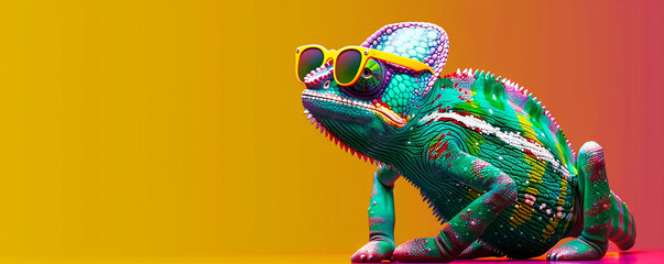 A colorful chameleon wearing sunglasses against a green background, with copy space on the right side. The chameleon' skin is in vibrant colors like pink and orange. He has his head tilted to one side