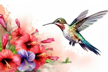 Wall Mural - Hummingbird Sucking nectar from flowers on a white background.