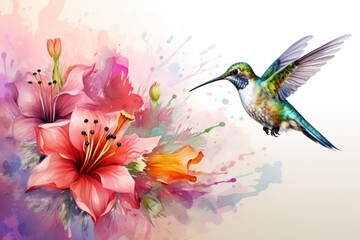 Wall Mural - Hummingbird Sucking nectar from flowers on a white background.