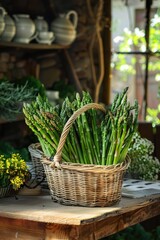 Wall Mural - Asparagus in the wicker basket on the background of nature. Selective focus