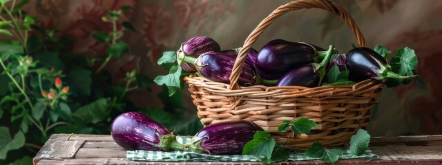 Wall Mural - Eggplants in the wicker basket on the background of nature. Selective focus