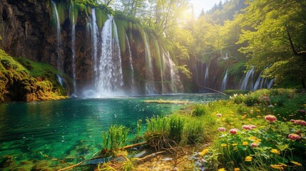 A beautiful scene of a waterfall flowing into a crystal-clear lake, with vibrant green vegetation and colorful flowers surrounding the water and sunlight filtering through the trees