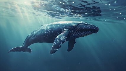Humpback whale swimming in the blue sea.