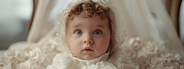 Wall Mural - A little baby in beautiful white clothes. Selective focus