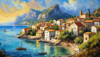 oil painting of a small town by the sea and ocean with the shore, big beautiful mountains, summer holidays holidays sun