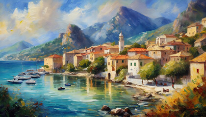 Wall Mural - oil painting of a small town by the sea and ocean with the shore, big beautiful mountains, summer holidays holidays sun