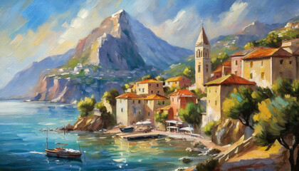 oil painting of a small town by the sea and ocean with the shore, big beautiful mountains, summer holidays holidays sun